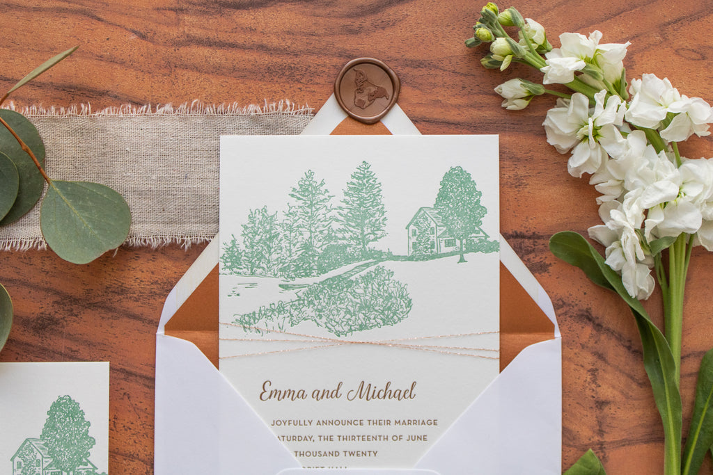 Bronze wax seal, dog design, letterpress wedding invitation, gold thread ribbon, envelope liner