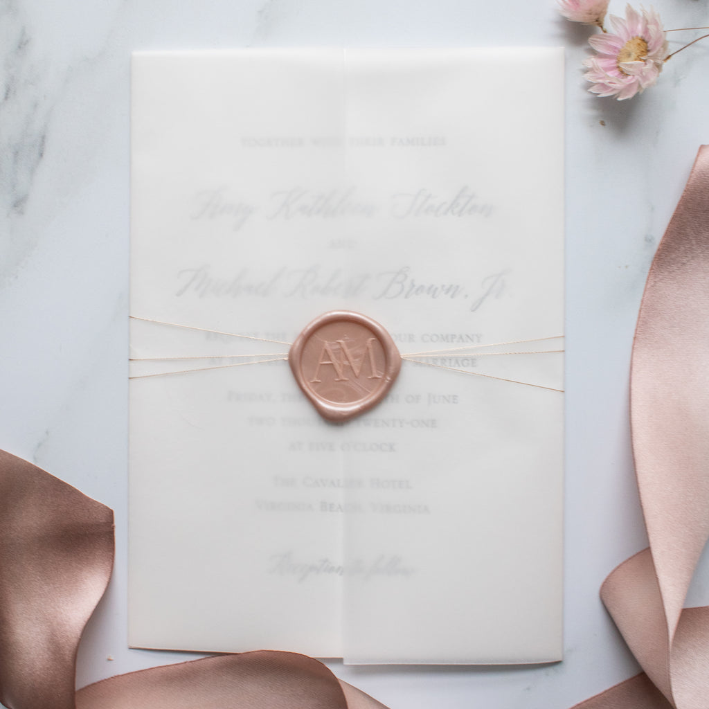 Blush wax seal, rose gold thread, vellum wrap, letterpress wedding invitation