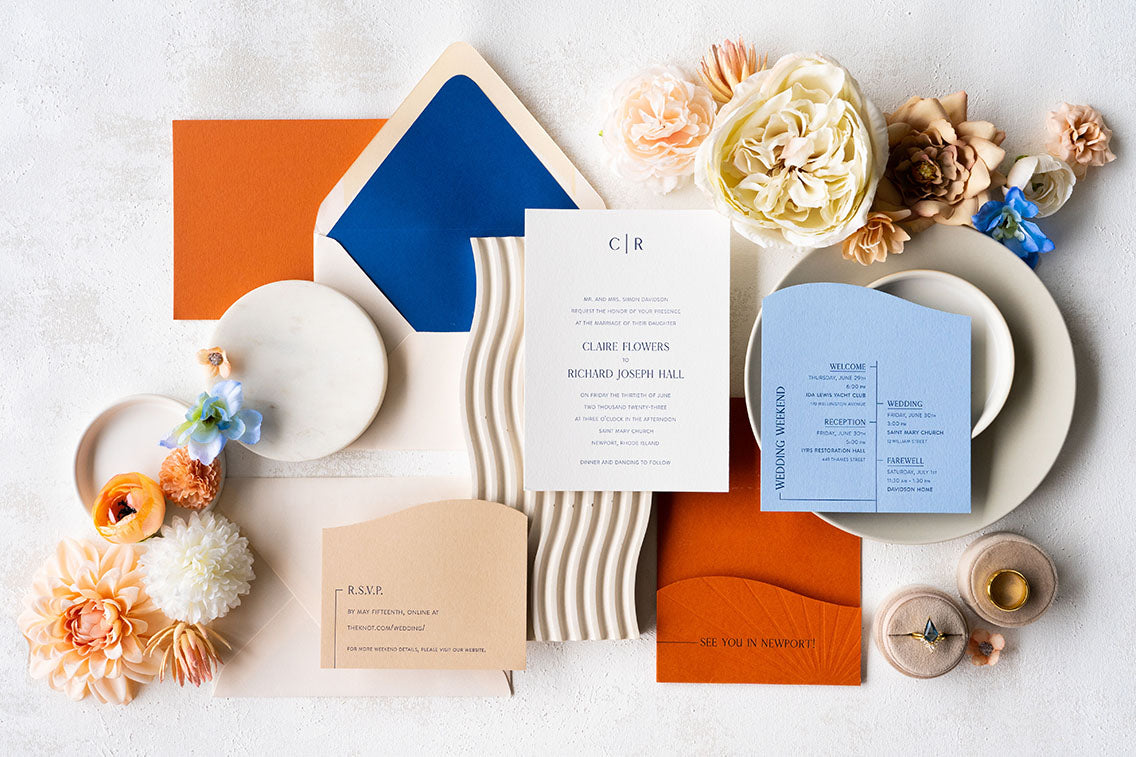 Modern Newport wedding invitations with bold colors, die cut shapes, and crisp letterpress design