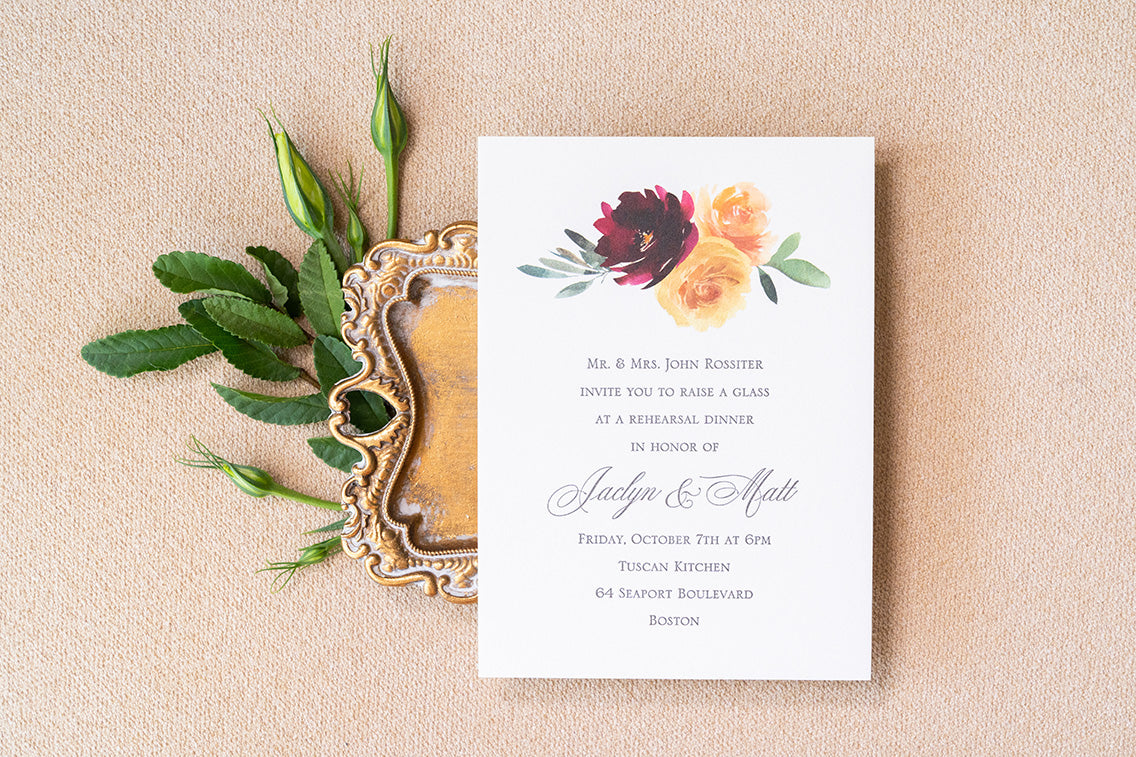 Letterpress rehearsal dinner card with digital watercolor printing