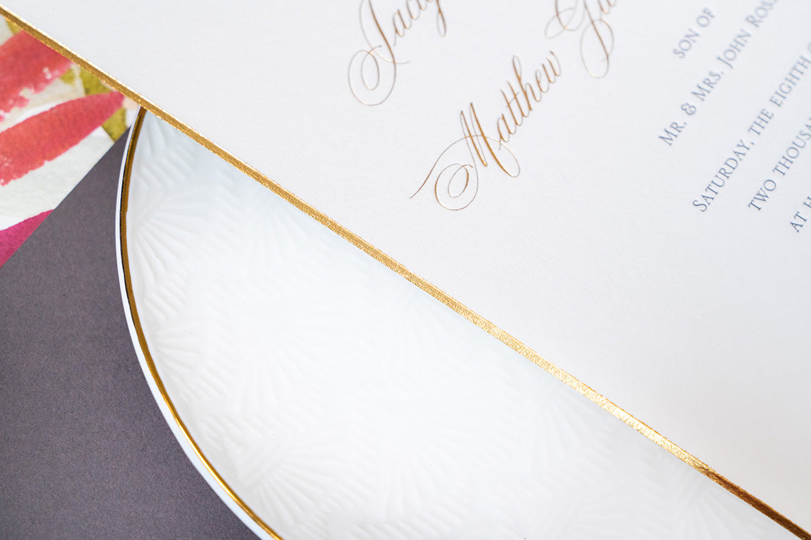 wedding invitation with luxury bevel and gold gilded edge