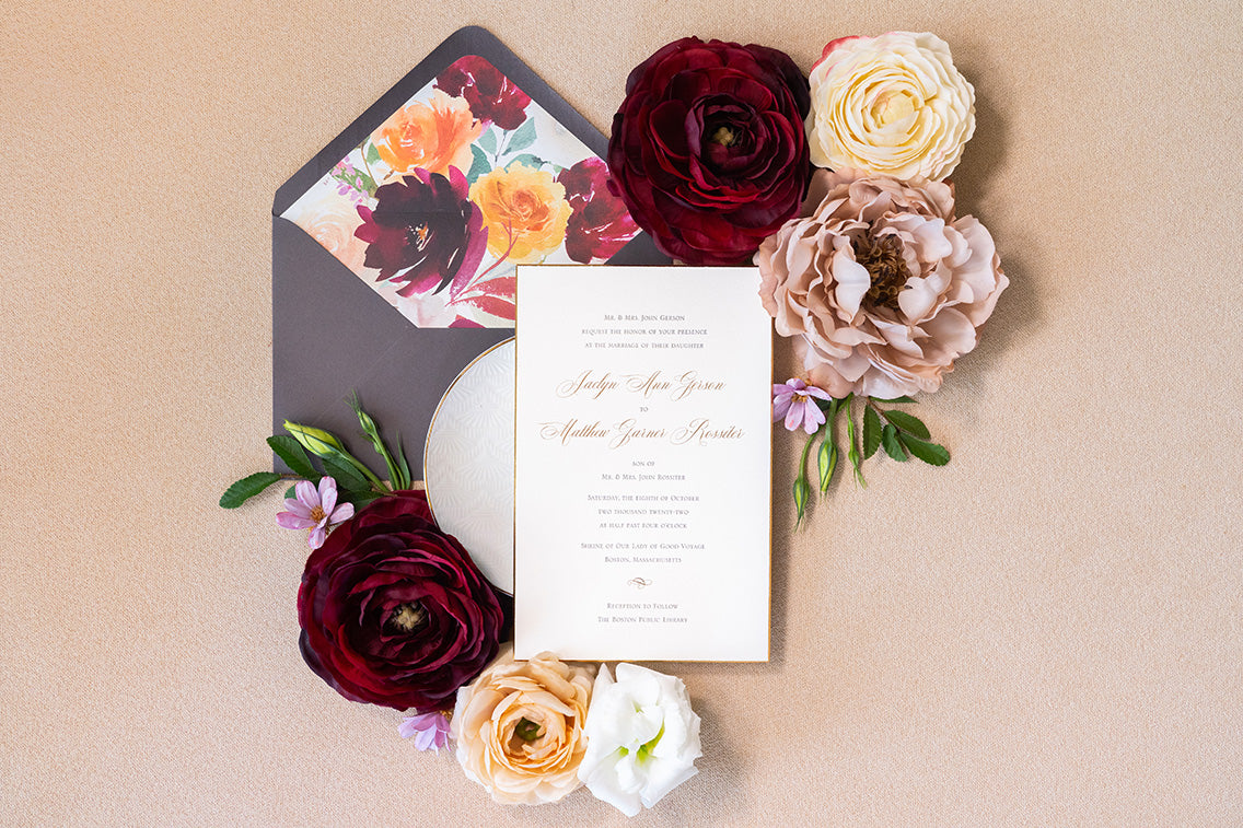 Wedding invitation with gold foil and luxury bevel and gilded edge