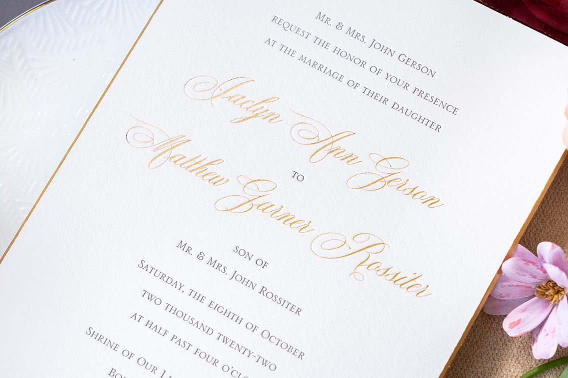 gold foil wedding invitation with gold gilded edge