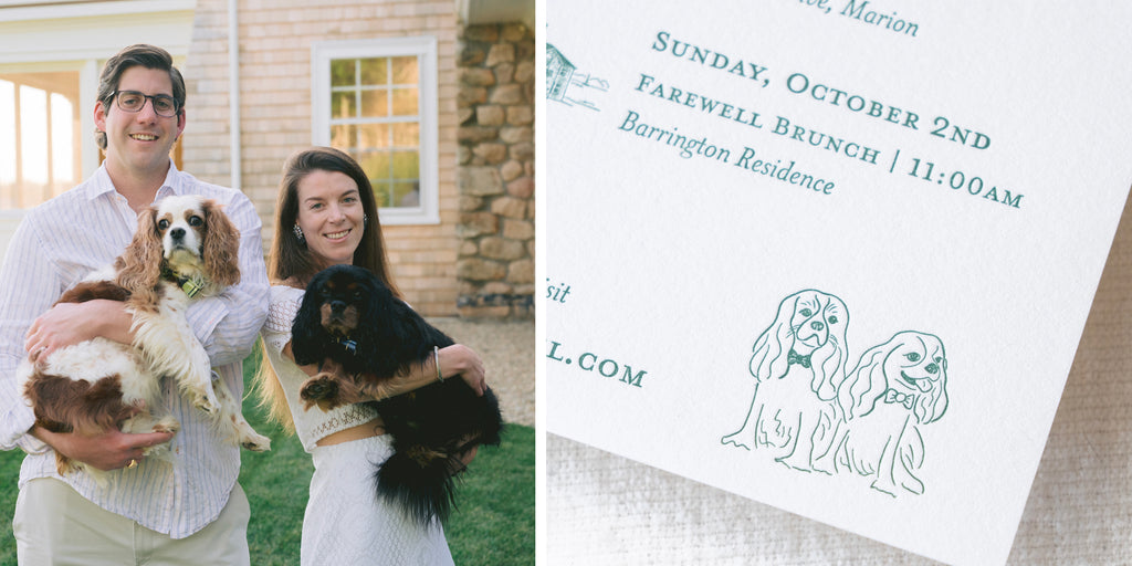 Side by side photo montage. Left photo of wedding couple holding their two dogs. Right photo features custom illustration of dogs on a letterpress printed wedding invitation detail card.