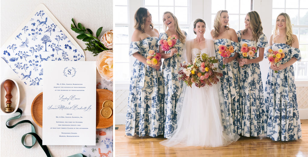 Side by side photo collage. Left photo shows luxury letterpress wedding invitation atop envelope liner in a blue and white custom toile pattern. Right photo of bride and wedding party wearing blue and white toile bridesmaid dresses.