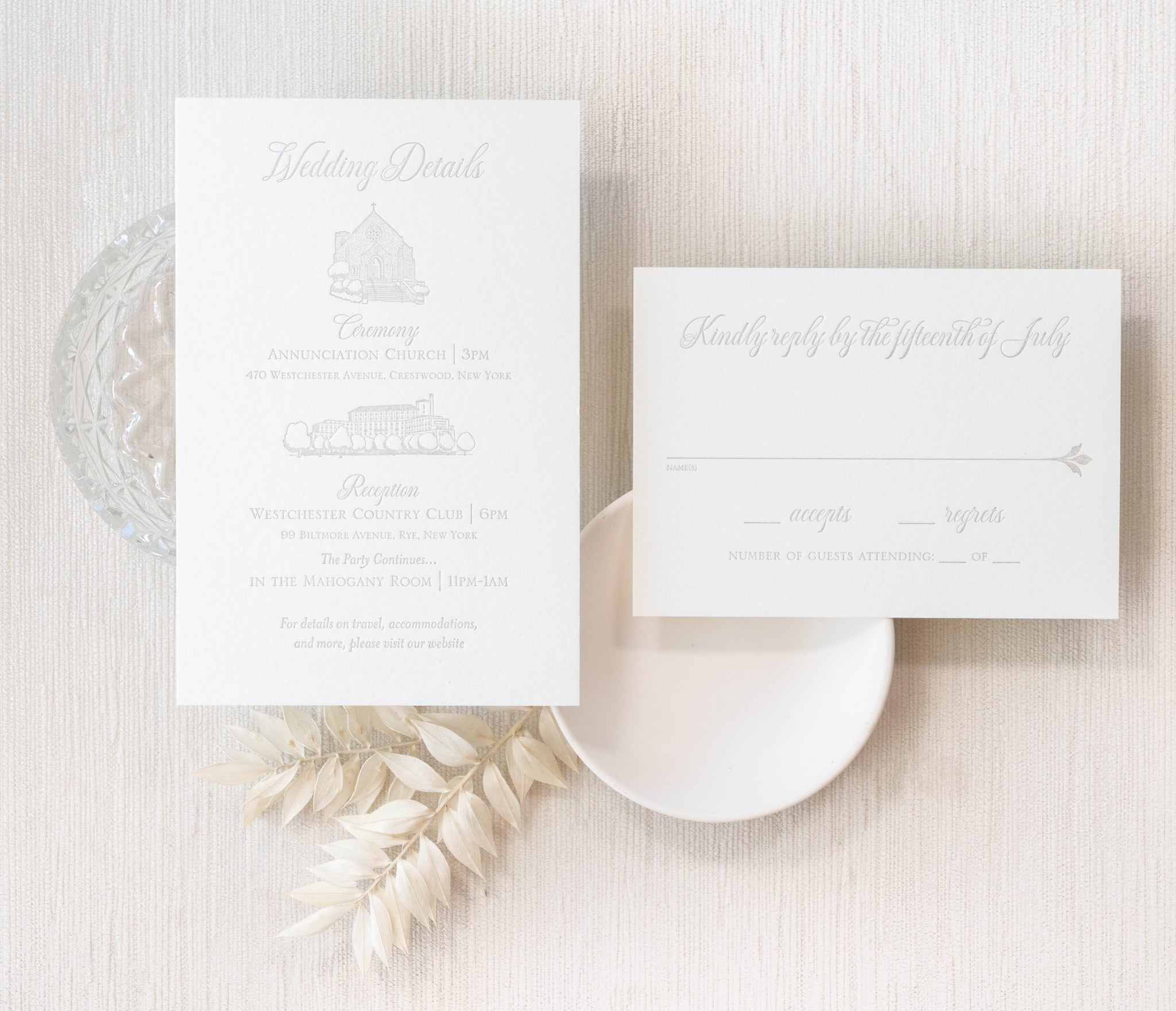 Letterpress wedding invitation with custom venue illustrations on detail card and accompanying reply card letterpress printed in soft taupe ink onto thick white cotton paper stock