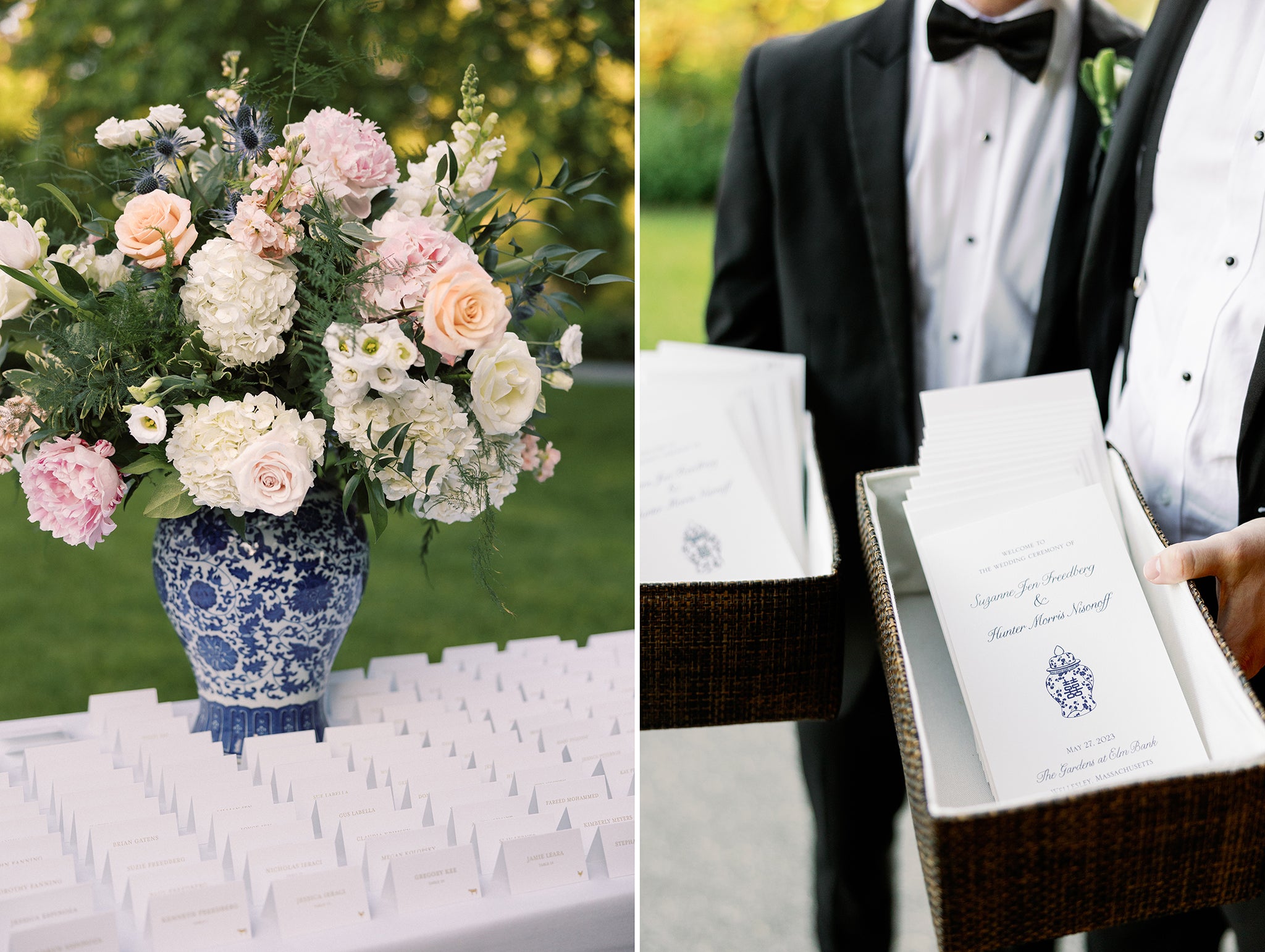 Suzie & Hunter's wedding escort card table with pale pink bouquet in a blue and white ginger jar with a double happiness on it; second photo of the ushers holding ceremony programs featuring a ginger jar with double happiness design