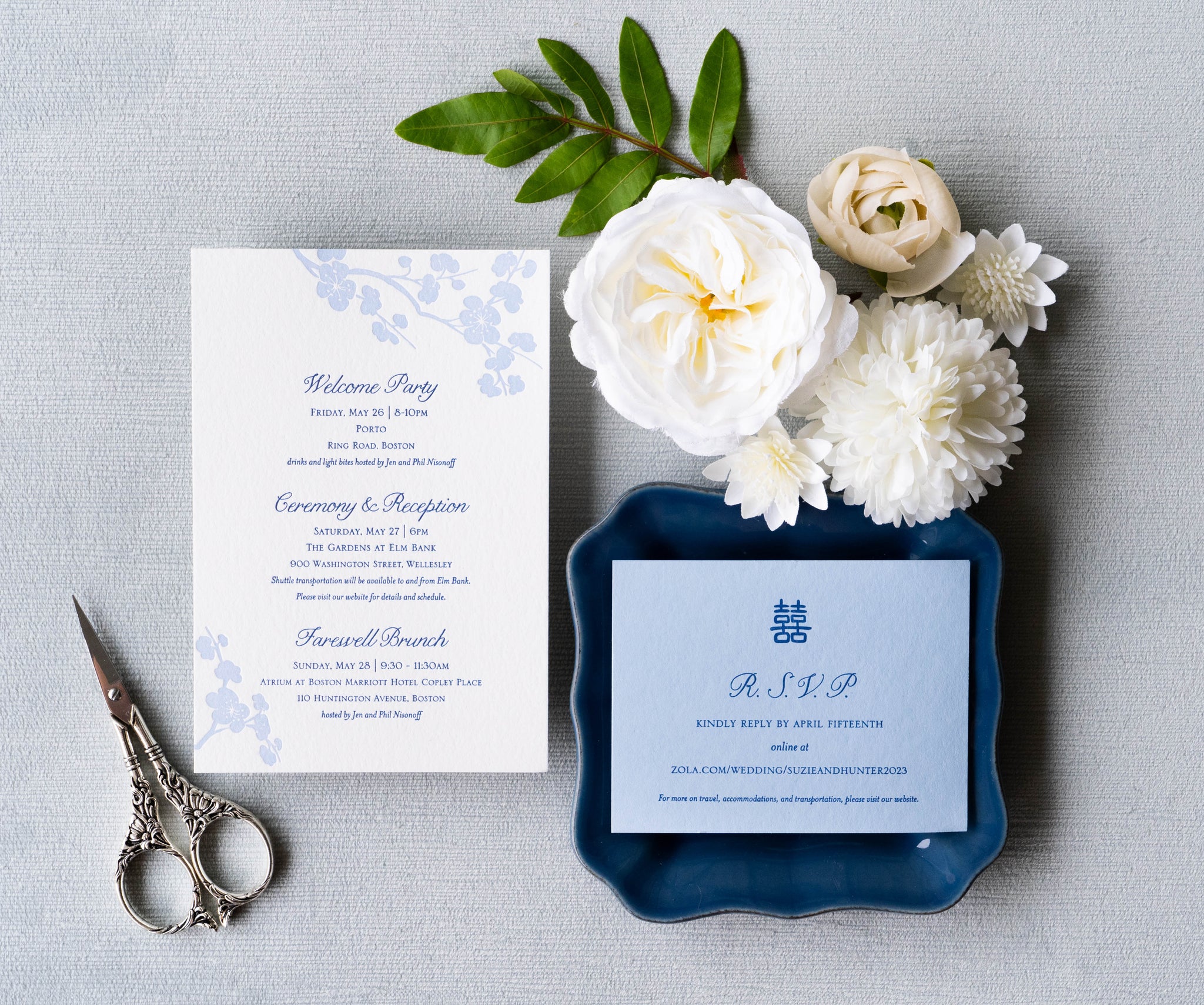 Plum blossom cherry blossom letterpress invitation suite with double happiness rsvp card in dark blue ink on colored stock