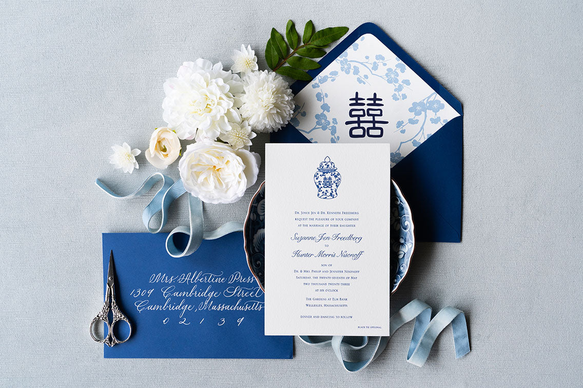 Bespoke letterpress wedding invitation with blue and white ginger jars, envelope liners, colored stock, edge painting, plum blossoms, double happiness, traditional style with timeless design,
