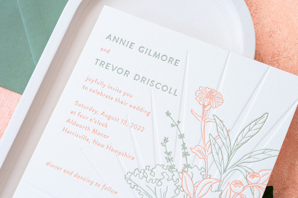 Two color letterpressed wedding invite