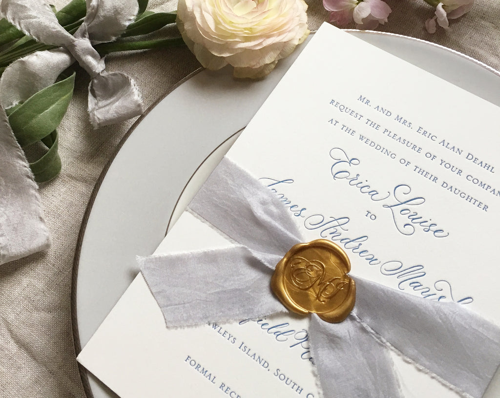 Gold wax seal, silk ribbon, letterpress wedding invitation