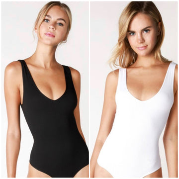 Ribbed V Neck Bodysuit- 2 Colors