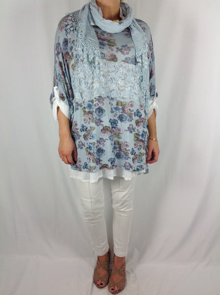 Copy of Italian Lagenlook 3Piece Flower Print Shirt Tunic in Sky Blue ...