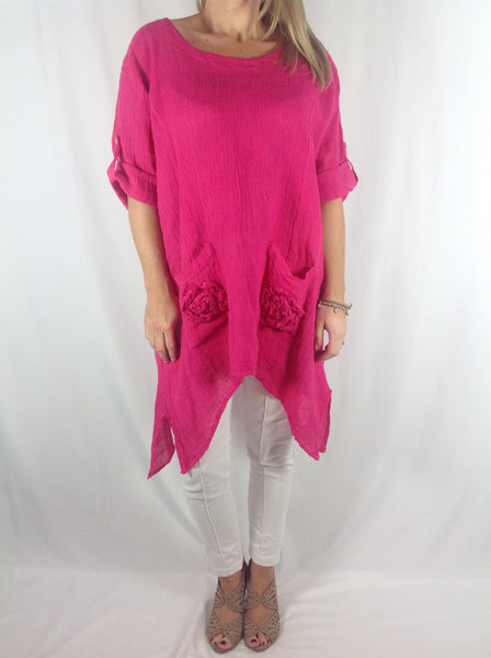 Lagenlook Linen Mix Swirl Pocket Sleeved Tunic Dress Top in Cerise Pink ...