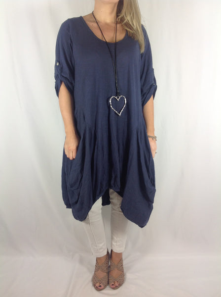 Lagenlook Balloon Elastic Hem Tunic Dress top in Navy. code 2730