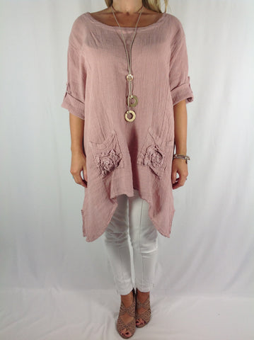 Lagenlook Linen Swirl Pocket Sleeved Tunic Dress Top in Summer Pink ...