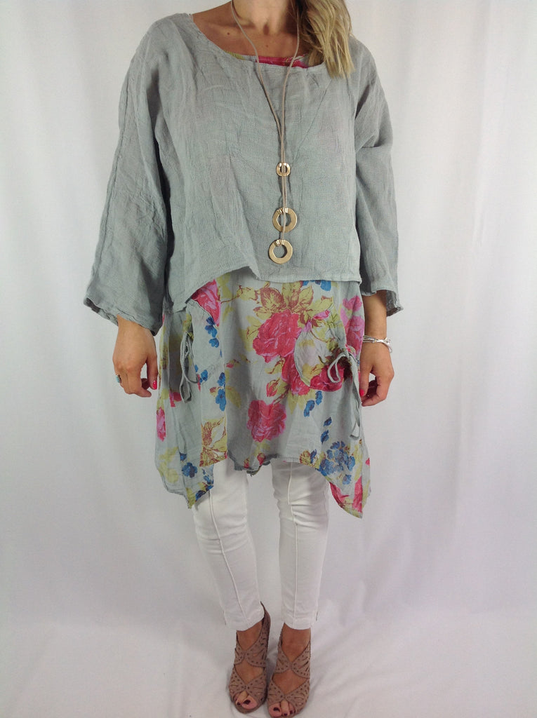 Lagenlook Classic Two -Piece Linen Flower tunic in Grey. code 0632 ...