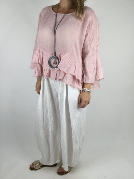 Lagenlook Ruffle Linen Tunic Layering Short Top in Pale Pink .code 463 ...