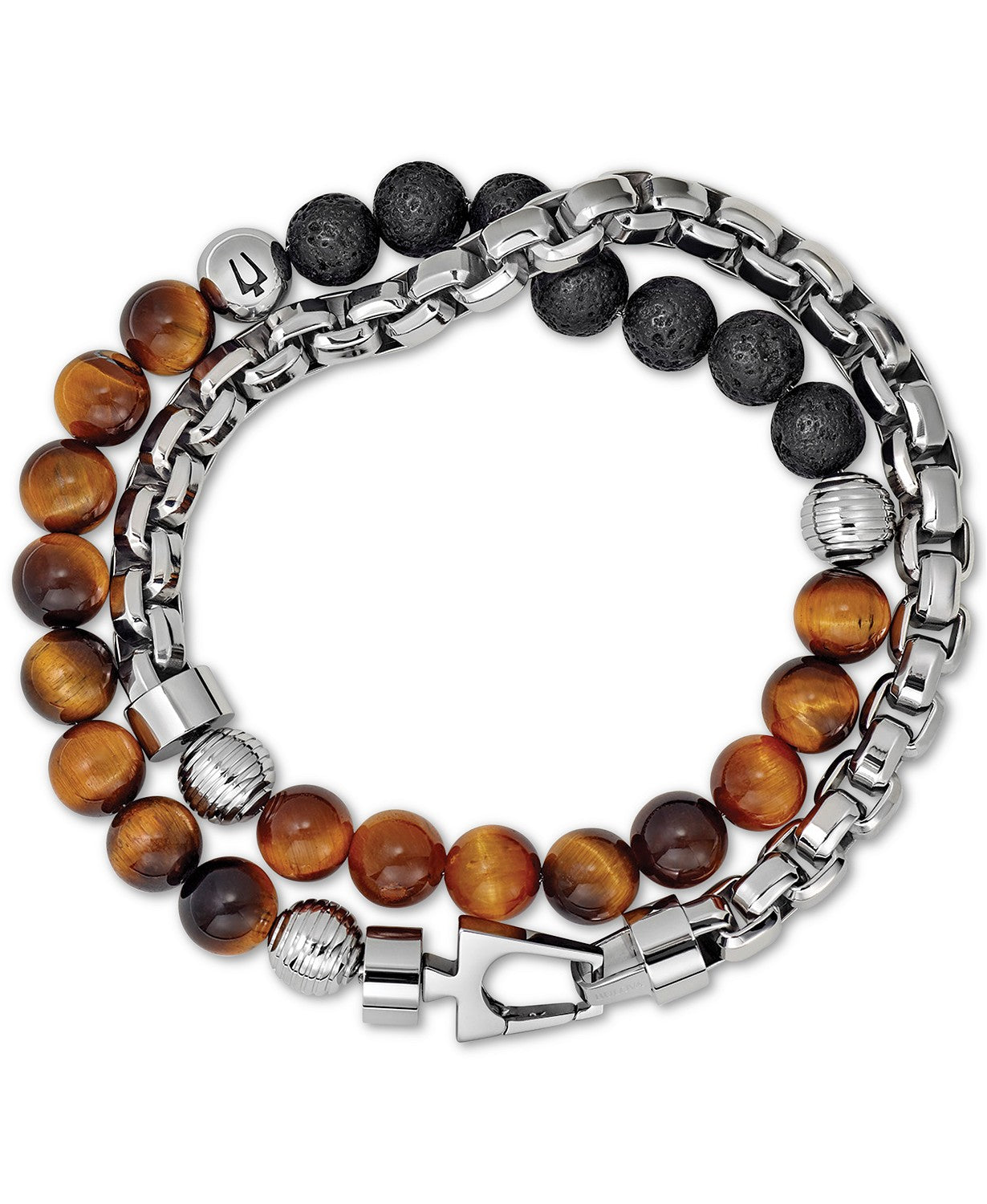 Bulova J96B023M Men's Tiger's Eye & Black Lava Bead Bracelet in Stainless Steel Men Jewelry