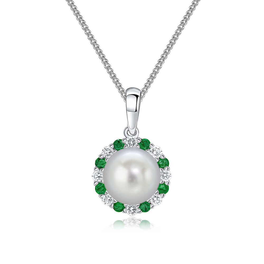 18ct White Gold Pearl,Emerald And Diamond Pendant.