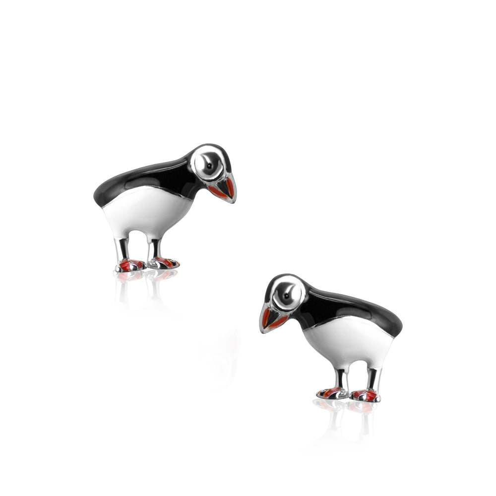 Silver Enamel Puffin Earrings.