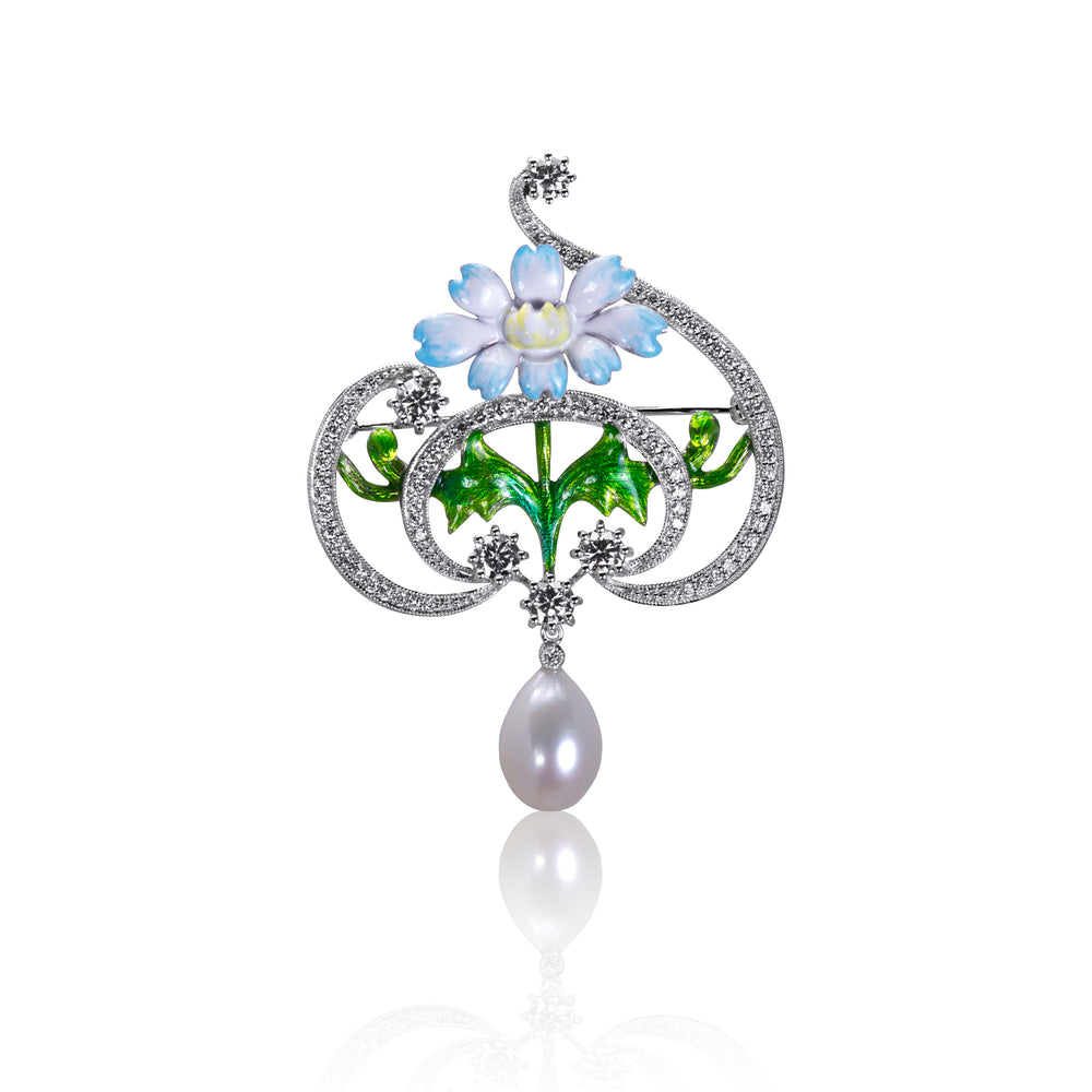 Silver CZ Freshwater Pearl And Enamel Brooch/Pendant.