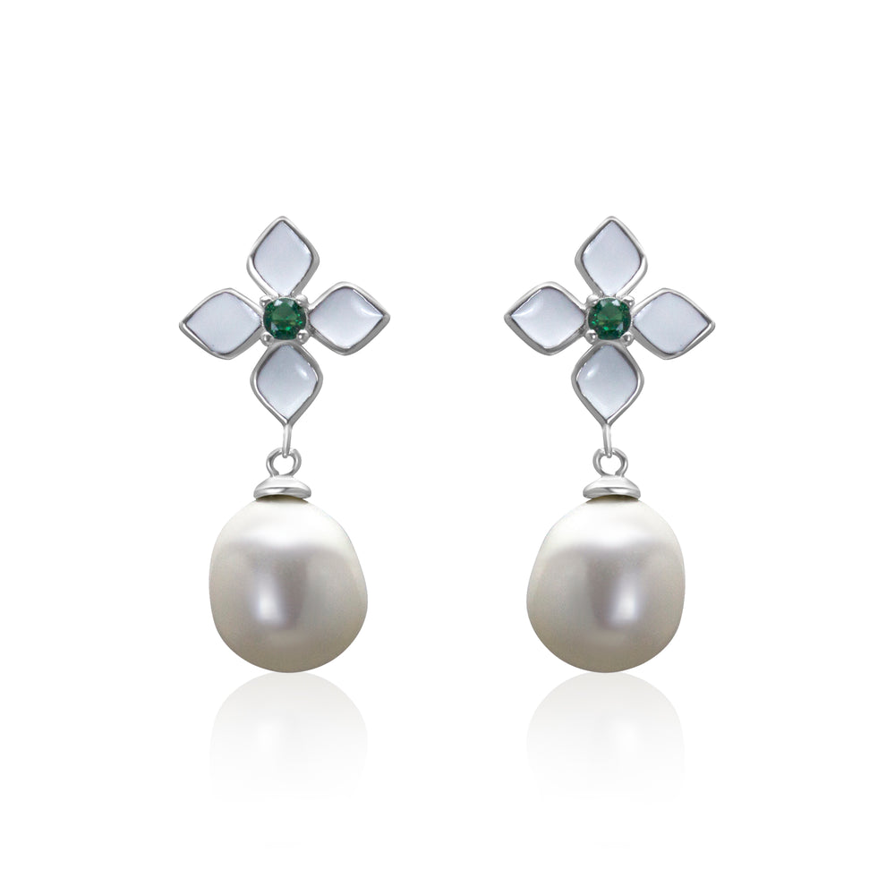 Silver Enamel Freshwater Pearl And CZ Earrings.