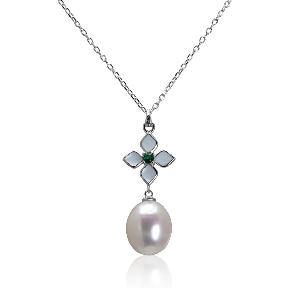 Silver CZ Freshwater Pearl And Enamel Necklace.