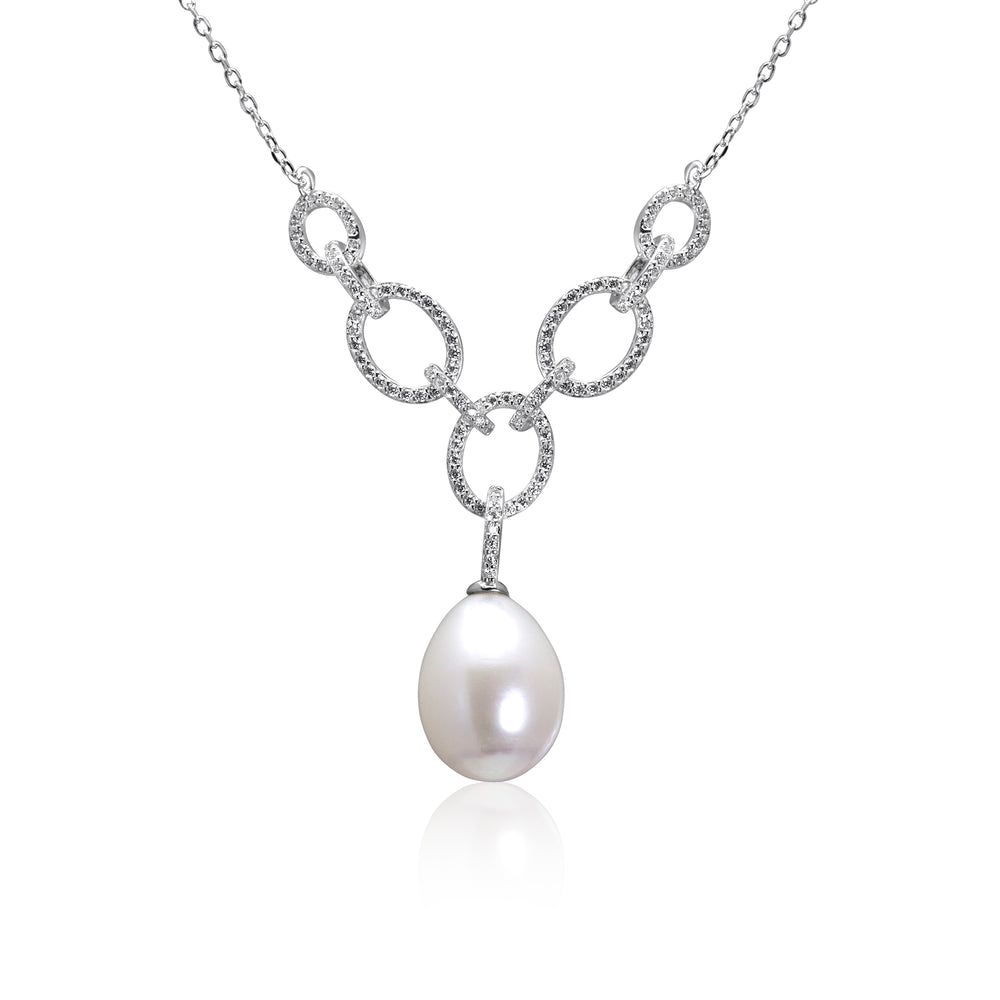 Silver Fresh Water Pearl And CZ Necklace.
