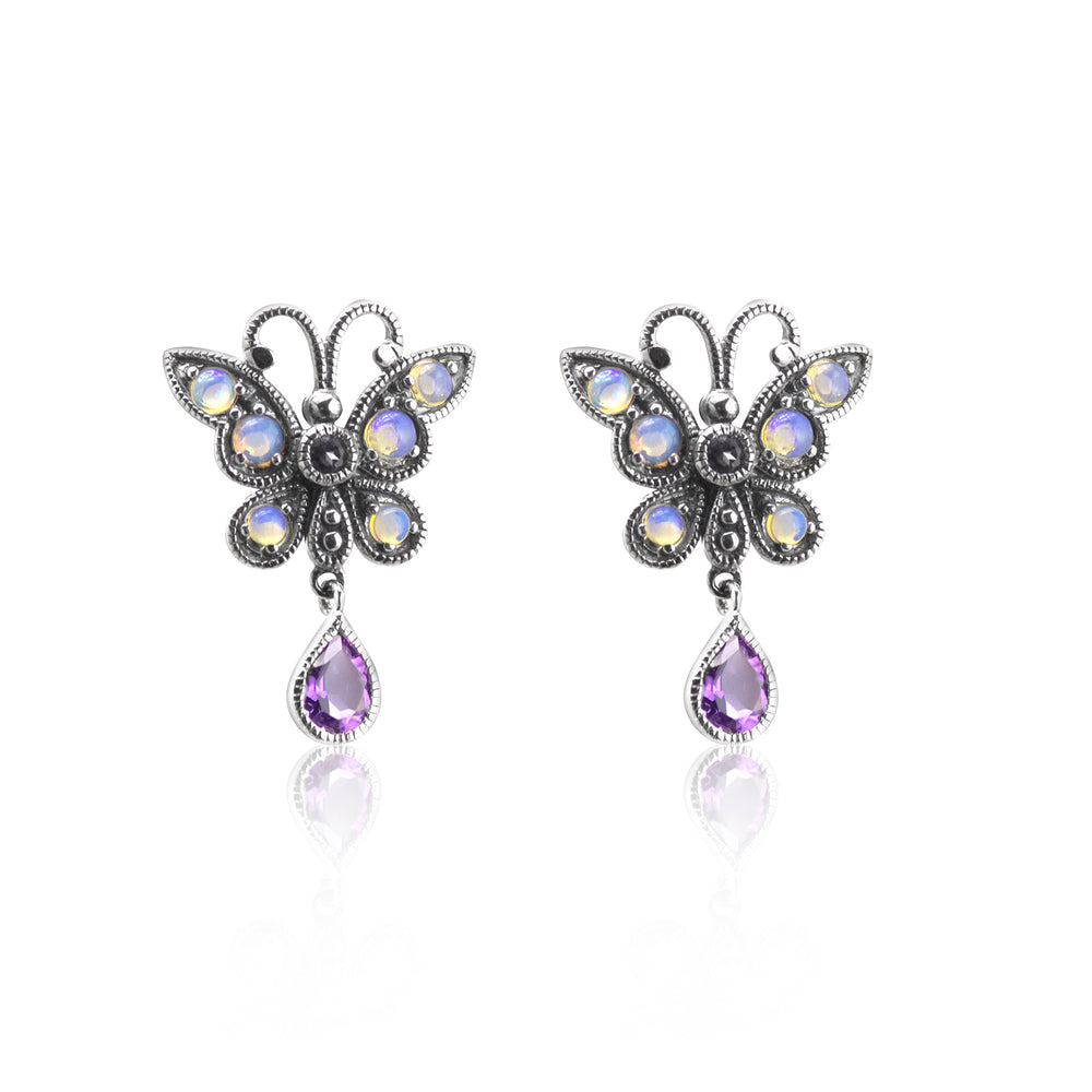 Silver Opal And Amethyst Earrings