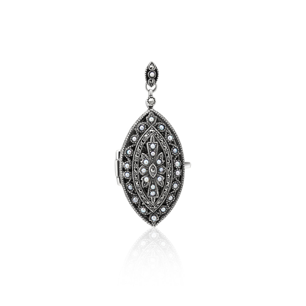 Silver Marcasite And Pearl Locket-Pendant