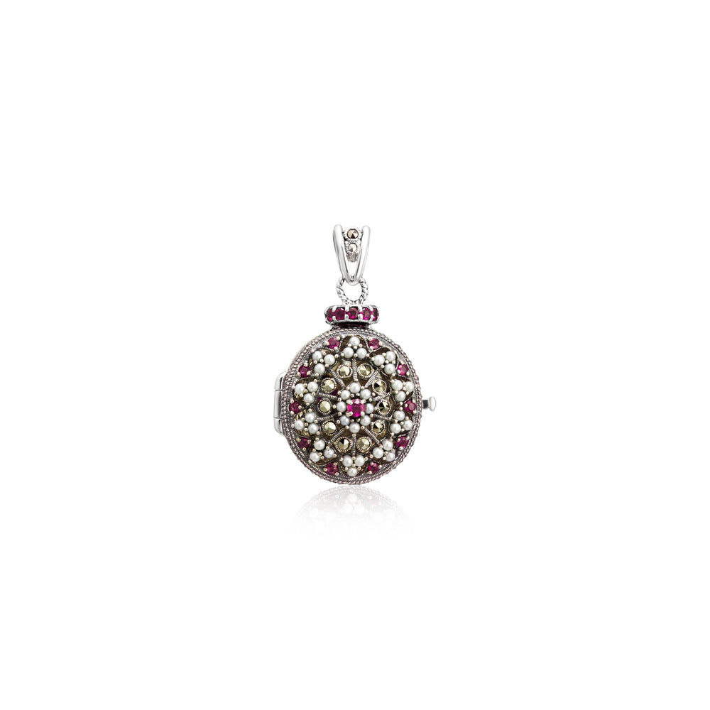 Silver Marcasite Ruby And Pearl Locket-Pendant