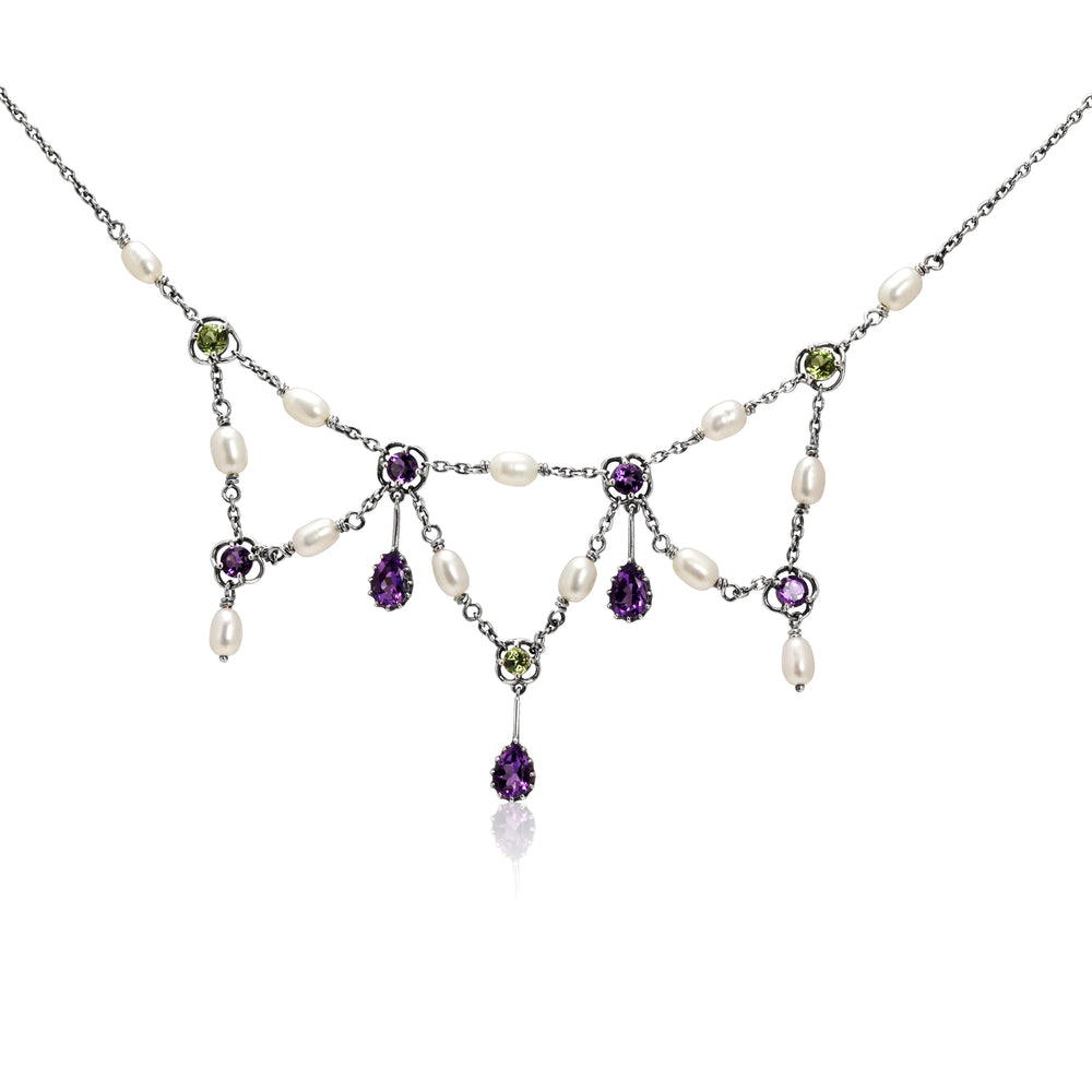 Silver Peridot Amethyst And Pearl Necklace.