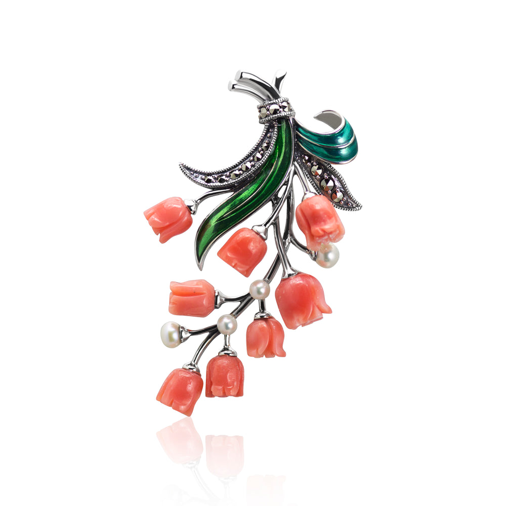 Silver Cultured Coral Marcasite Pearl And Enamel Pendant.