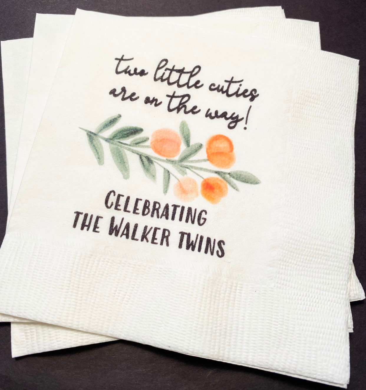 Two Little Cuties Clementine Cutie Twins Baby Shower Little Cutie On the Way Baby Shower Personalized Cocktail Napkins, Set of 25