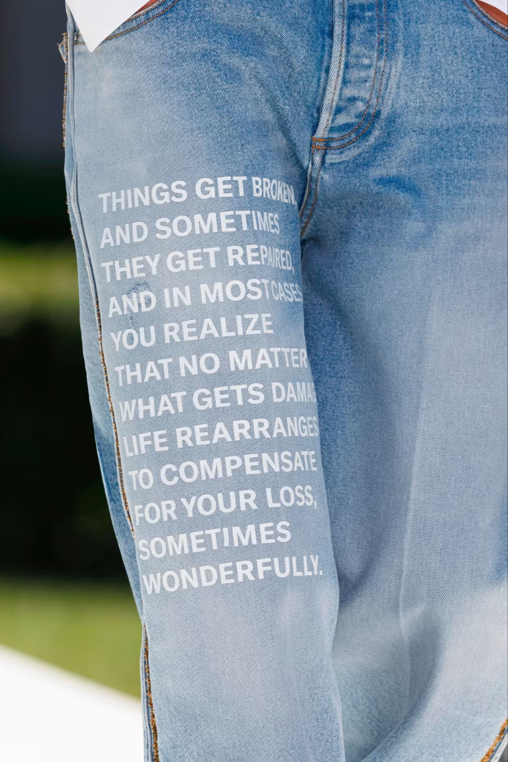 Valentino jeans featuring text from Hanya Yanagihara’s novel ‘A Little Life’