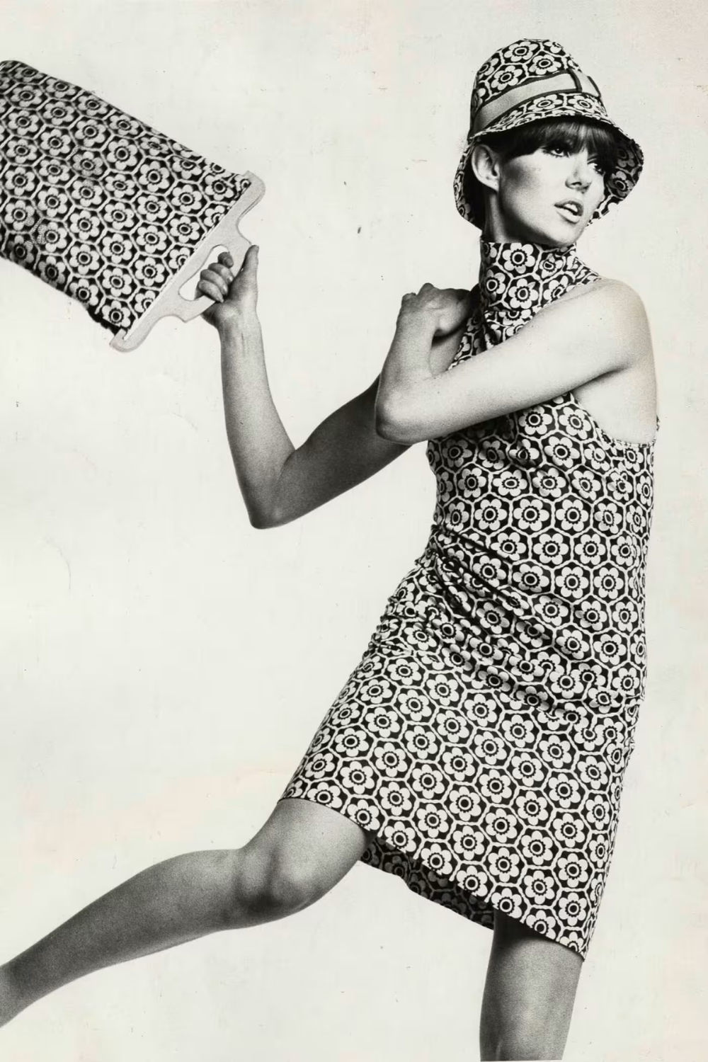 Floral print shift dress and matching tote bag and hat by Biba, 1966