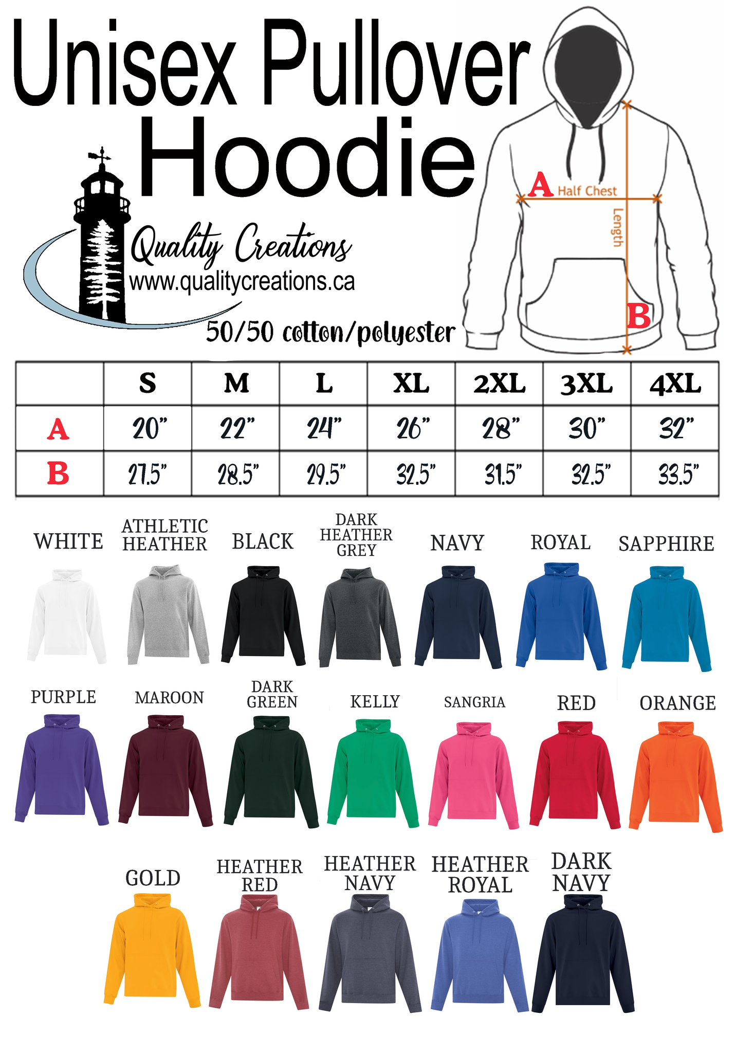 pullover hoodie sizing, washing & colour chart moncton salisbury canada