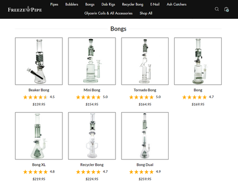 online selection of bongs from an ecommerce retailer