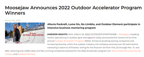 image of Outdoor Sportswire article entitled "Moosejaw Announces 2022 Outdoor Accelerator Program Winners"