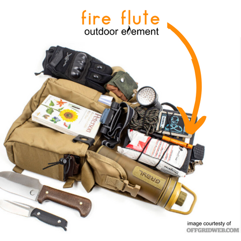 fire flute included in first aid kit of foraging satchel by tuff possum