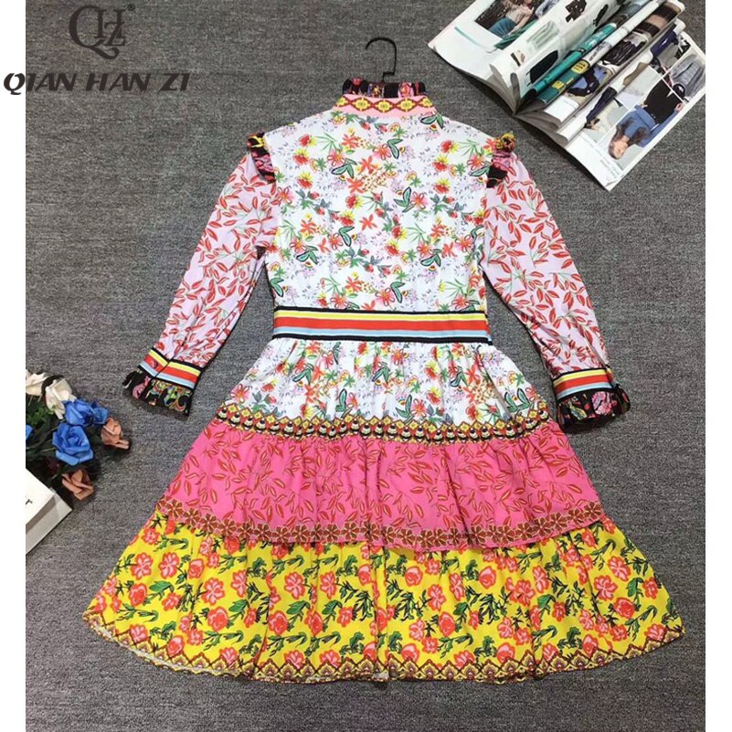 Qian Han Zi 2020 Spring/summer Fashion Runway Short Dress Elegant women dress  long sleeves Patchwork Flower print sweet dress