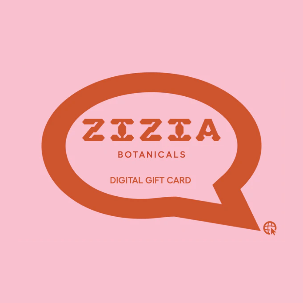 'Gift card with Zizia Botanicals logo on pink background.'