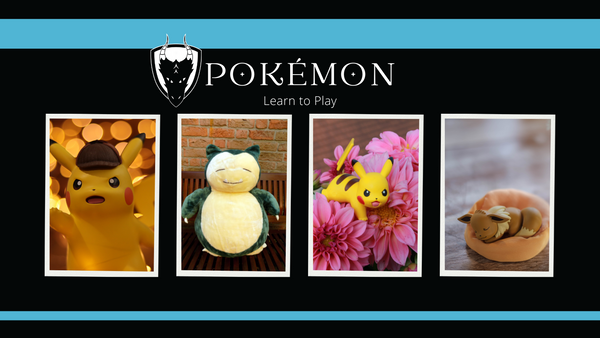 Pikachu, Snorlax, baby Pikachu, and Eevee over a black background