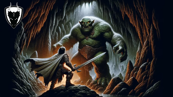 An adventurer drawing his sword in the face of an ogre