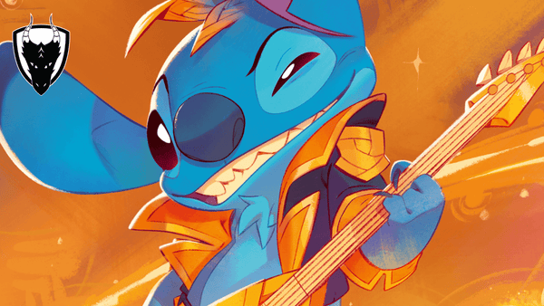 Disney character Stitch playing a guitar with an orange background