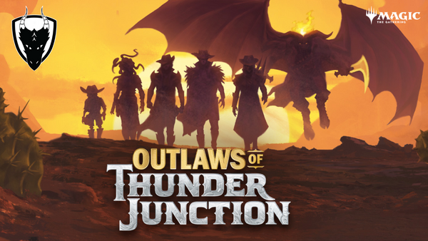Outlaws of Thunder Junction with 6 outlaws walking in the sunset
