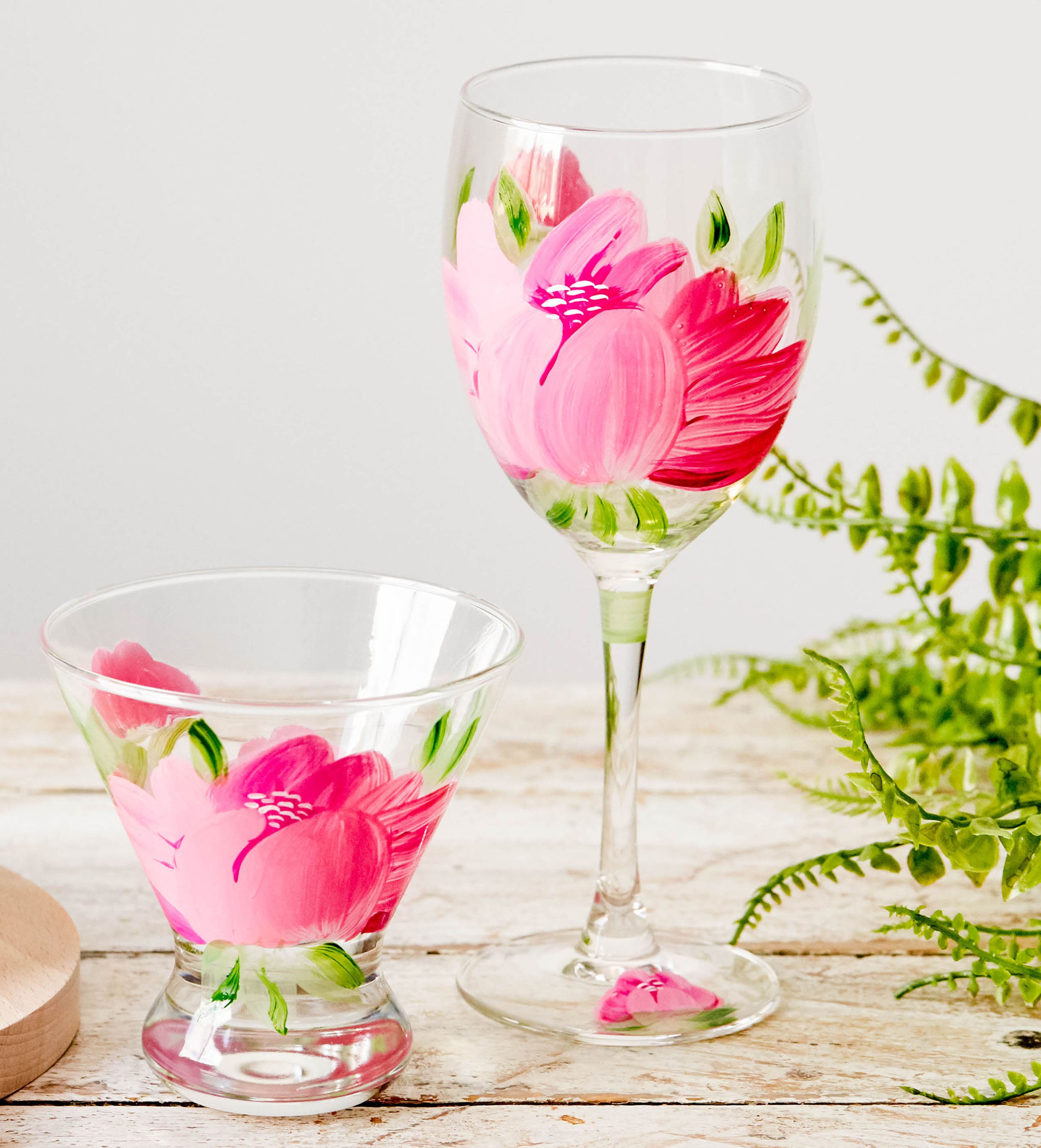 Aesthetic Peony Collection of wine glasses at Golden Hill Studio