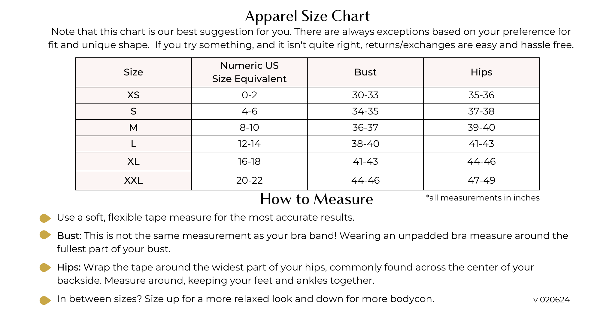 Sizing chart