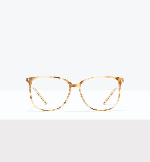 Tortoiseshell square eyeglasses on a white background.